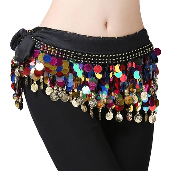 Women's Belly Dance Hip Scarf Skirt Wrap Black Sequins Coins Performance Costume - Picture 4 of 5